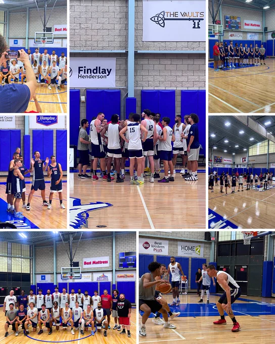 A collage of six photos showing the Deaflympics men’s basketball team in action at practice and team events. Images include players huddling together on the court, posing for team photos, scrimmaging during practice, lining up during introductions, and mid-game action with players dribbling and defending.