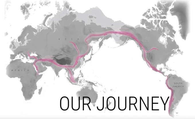 The words "Our Journey" are overlaid on a gray map of the world that has a pink line traveling from Herto Bouri, Ethiopia to Tierra del Fuego.