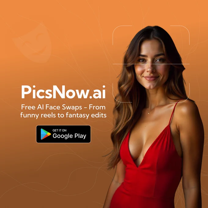 Promotional graphic for PicsNow.ai app with an orange background. A woman in a red dress is shown smiling on the right, with the text ‘PicsNow.ai – Free AI Face Swaps: From funny reels to fantasy edits’ and a Google Play download button on the left.