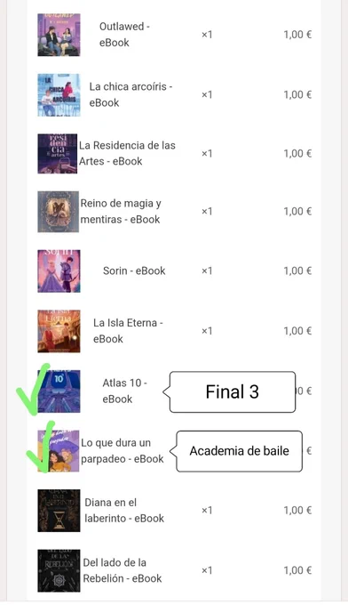 Foto a un listado de diez libros de Akane. Ya he leído Atlas 10 del que destaco "Final 3". Y al lado de Lo que dura un parpadeo pone "Academia de baile".
