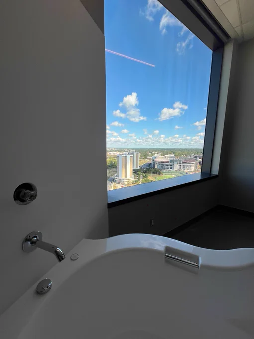 View from a high-rise building bathroom showing a sunny cityscape through a large window, with clear blue skies and a few clouds.