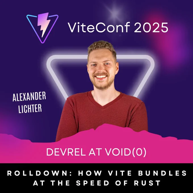 ViteConf 2025 speaker card of Alexander Lichter who is a DevRel at VoidZero. He will talk about Rolldown and how it will change Vite when it becomes the default bundler.