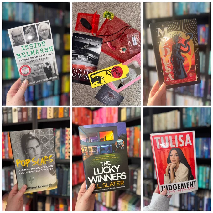 Top left: A hand holds Inside Belmarsh: Banged Up in Britain’s Toughest Prison by Jonathan Levi and Emma French against shelves of colourful books.
Top middle: A flatlay of Tainted Towns by Victoria Williamson alongside themed items including a red pouch, bookmark, perfume bottle, and trinkets.
Top right: A hand holds Medusa by Rosie Hewlett with a striking black and gold illustrated cover showing the figure of Medusa.
Bottom left: A hand holds Pop Scars by Anthony Kavanagh, featuring a black-and-white portrait of the author with bold yellow title text.
Bottom middle: A hand holds The Lucky Winners by K.L. Slater, with a cover showing a modern house at night.
Bottom right: A hand holds Judgement by Tulisa Contostavlos, with a glossy red-and-white cover and photo of Tulisa looking directly at the reader.