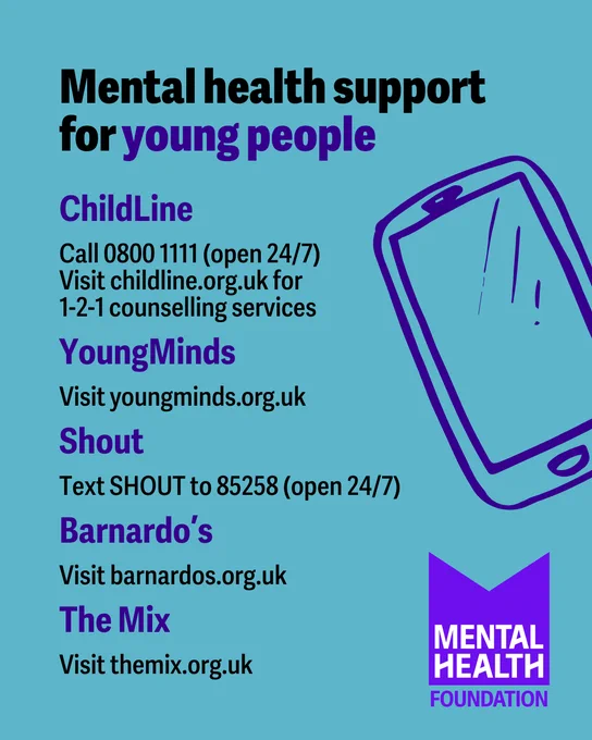 Mental health support graphic for young people on a blue background. Features information on contacting ChildLine, YoungMinds, Shout, Barnardo’s, and The Mix. Includes hotline numbers and website addresses. An illustration of a smartphone is to the right. The Mental Health Foundation logo is at the bottom right. Text is in black and purple.