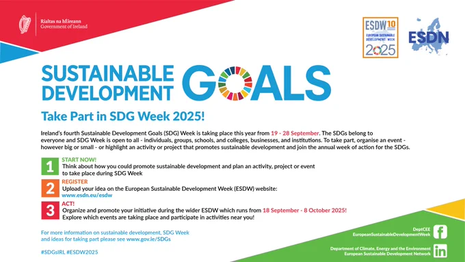 Details outlining what Sustainable Development Week is and how to get involved. For details please see www.gov.ie/SDGs