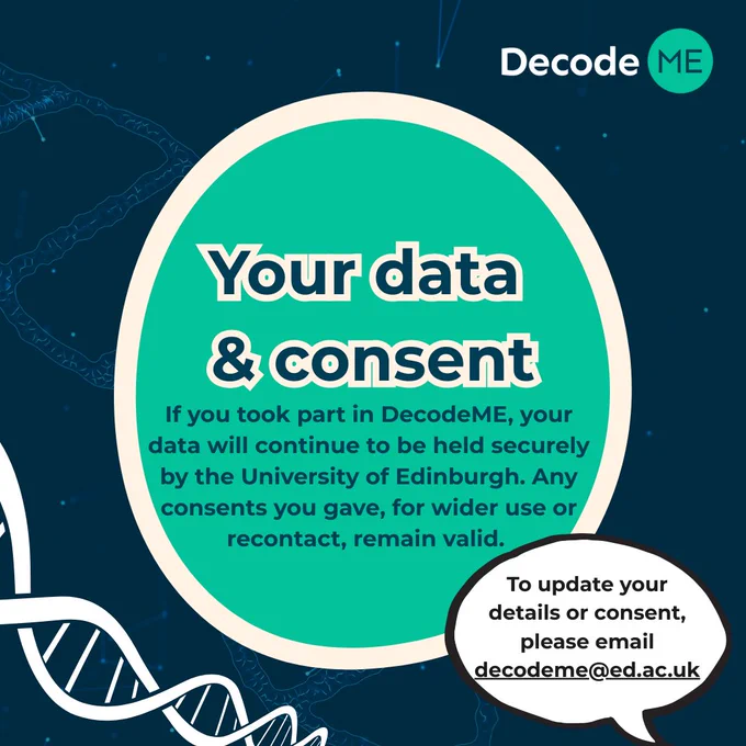 DecodeME graphic. In the centre it says 'Your data and consent. If you took part in DecodeME, your data will continue to be held securely by the University of Edinburgh. Any consents you gave, for wider use or recontact, remain valid'. Beneath this in a speech bubble it says 'To update your details or consent, please email decodeme.ed.ac.uk'.