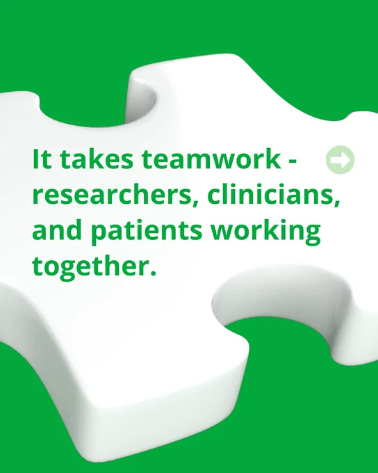Green and white puzzle piece graphic with text: "It takes teamwork – researchers, clinicians, and patients working together."