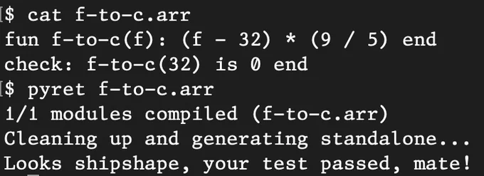 Screenshot showing a program and its execution completely on the command line.