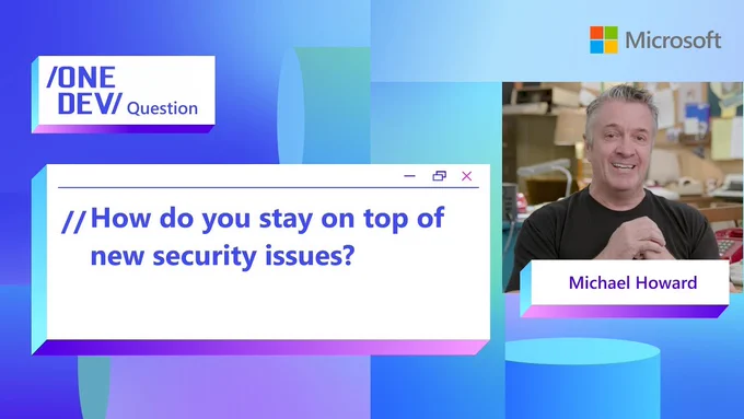 spot art.
Photo of presenter(s).
text reads: One Dev Question. How do you stay on top of new security issues