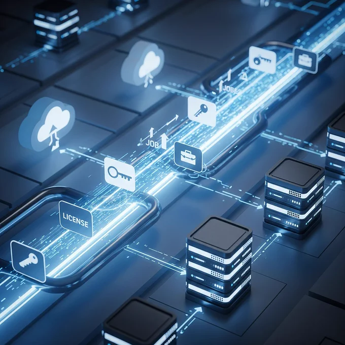A stylized, futuristic image of a data pipeline in a hybrid environment. Icons representing license keys and job updates travel along a glowing blue stream that connects cloud icons on one side to on-premise server racks on the other.