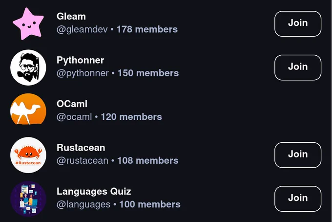 A list of programming language communities with their logos, names, handles, member counts, and join buttons. From top to bottom: Gleam (@gleamdev, 178 members) with a pink star logo; Pythonner (@pythonner, 150 members) with a black and white portrait logo; OCaml (@ocaml, 120 members) with an orange camel logo; Rustacean (@rustacean, 108 members) with an orange crab mascot logo; and Languages Quiz (@languages, 100 members) with a purple icon showing various programming symbols. Each entry has a white "Join" button on the right side. The interface has a dark background.
