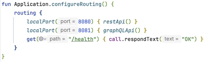 Example of Ktor's LocalPortRouteSelector which redirects request incoming to 8080 to restApi, and 8081 to graphqlApi. Request incoming to /hello will go to health route regardless of port.

Here comes the full code:
fun Application.configureRouting() {
    routing {
        localPort(8080) { restApi() }
        localPort(8081) { graphQLApi() }
        get("/health") { call.respondText("OK") }
    }
}