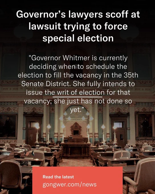 An interior view of a legislative chamber with rows of empty red seats facing a central podium, overlaid with text discussing a legal action forcing a governor to make a decision on filling a Senate vacancy. The source of the news, gongwer.com/news, is mentioned at the bottom.

