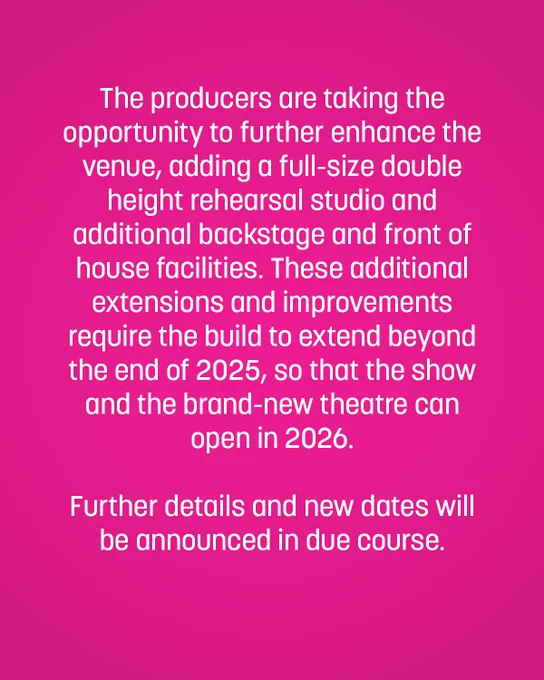 Due to encountering planning and design issues during the early stages of construction of the Capital Theatre at Westfield London, the opening date of Dirty Dancing – The Classic Story on Stage is to be delayed.

The producers apologise for the inconvenience that this may cause and are contacting all ticket holders directly.

The producers are taking the opportunity to further enhance the venue, adding a full-size double height rehearsal studio and additional backstage and front of house facilities. These additional extensions and improvements require the build to extend beyond the end of 2025, so that the show and the brand-new theatre can open in 2026.

Further details and new dates will be announced in due course.
