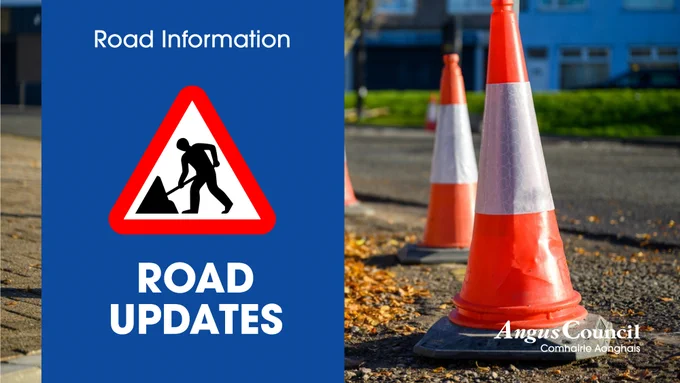 Left side shows a road sign with a silhouette of a person at work, indicating roadwork ahead. Right side has an image of orange traffic cones on a road, with the logo of Angus Council in the corner.