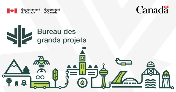 Le texte indique : « Bureau des grands projets ». Des icônes vertes représentant la foresterie, les symboles autochtones, le Parlement, les transports et la technologie sont affichées en bas de page.