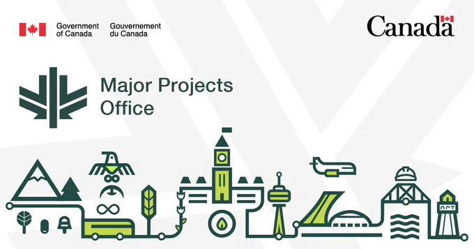 Text reads: "Major Projects Office". Green icons representing forestry, Indigenous symbols, Parliament, transportation, and technology are displayed across the bottom.