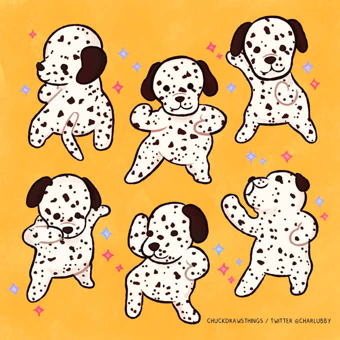 six doodles of a little plush dalmation boogeying down against a yellow background with pink and blue sparkles