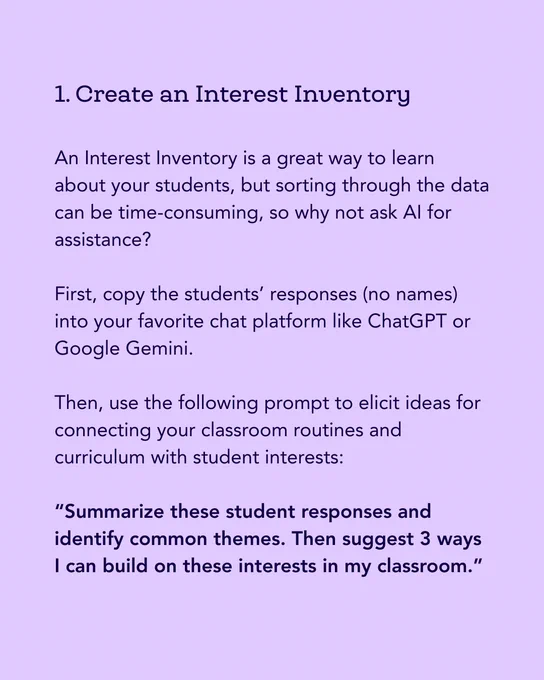 A digital document displaying instructions titled "Create an Interest Inventory." The text explains how to use student responses to learn about their interests and suggests utilizing ChatGPT or Google Gemini for analysis and curriculum planning.