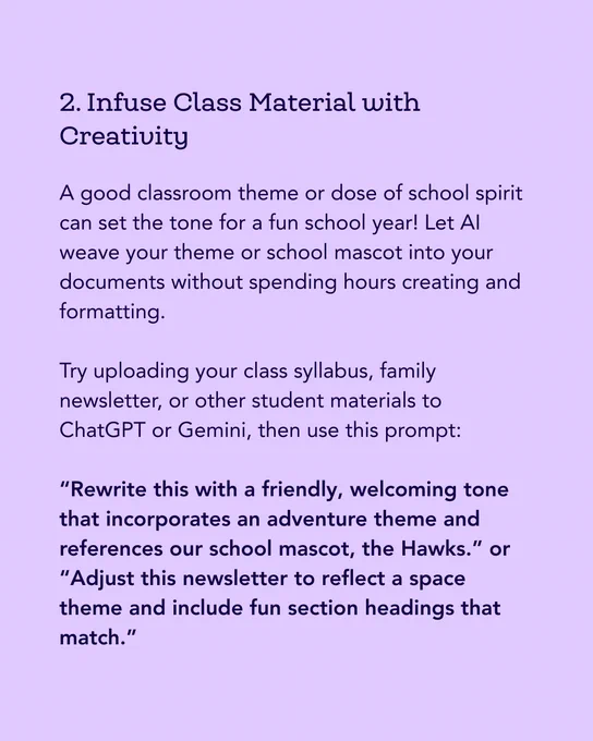 Text excerpt describing creative ways to incorporate school spirit into class materials using themes like the school mascot, the Hawks. Suggestions include updating syllabus and newsletters to fit a space theme with fun section headings.