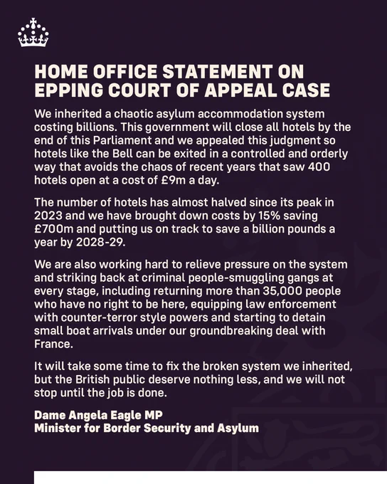 Graphic statement titled: Home Office Statement on Epping Court of Appeal Case.