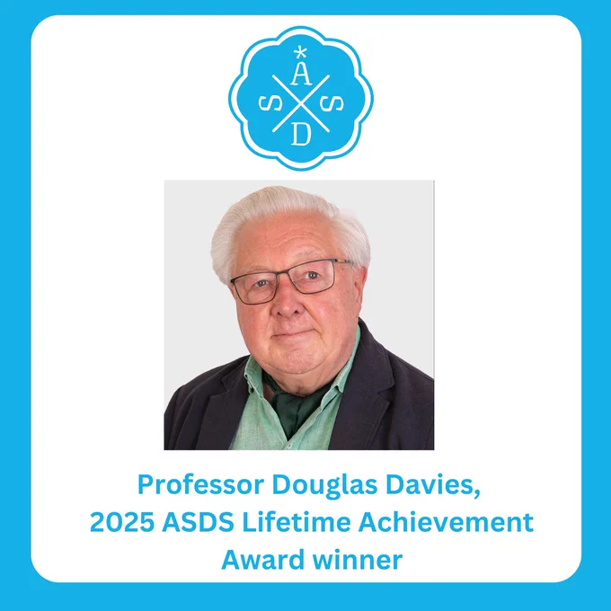 ASDS logo. Text: Professor Douglas Davies, 2025 ASDS Lifetime Achievement Award winner. Picture of Professor Davies.