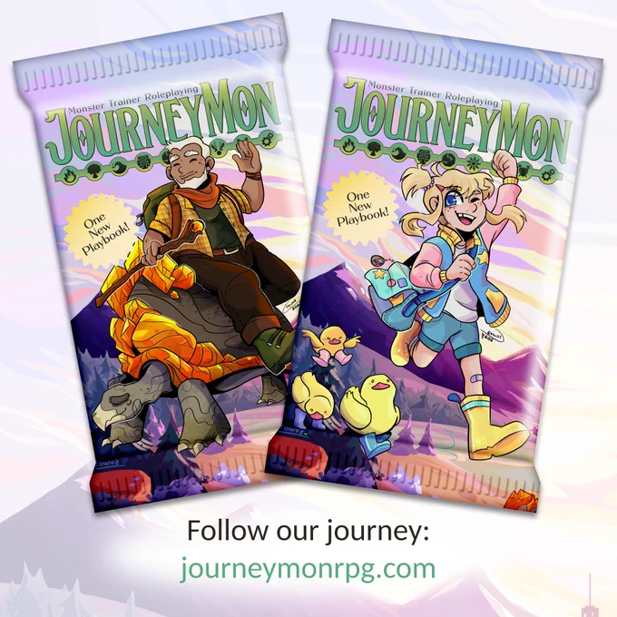 Two trading card booster packs titled "JourneyMon: Monster Trainer Roleplaying." One has a picture of a middle-aged man riding a giant gem-encrusted tortoise, and the other has a young girl with a trio of duckling wearing boots. Follow our journey: journeymonrpg.com