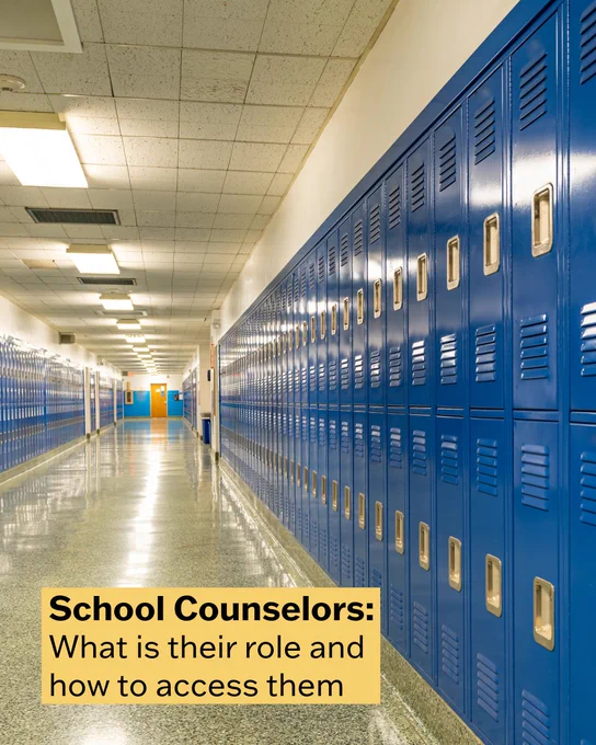 A school hallway with blue lockers. The text says, "School Counselors: What is their role and how to access them."