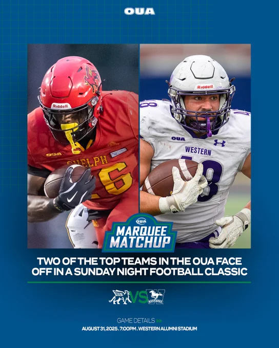 Graphic on a blue background with the two action photos of OUA football players in the centre with the OUA Marquee Matchup logo at the bottom of the photos with a headline from the game, the team logos and the game details in the lower third. 