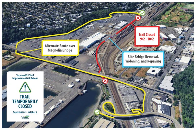 The suggested detour route via the Magnolia Bridge to the west side of the Smith Cove trail.