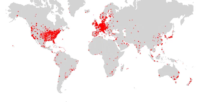 World map as shown from the IVRE Web UI, showing the locations of the Citrix NetScaler instances.