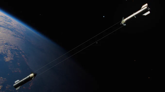 Wide shot of two crewed Starships, with two cables attached at each catch pin