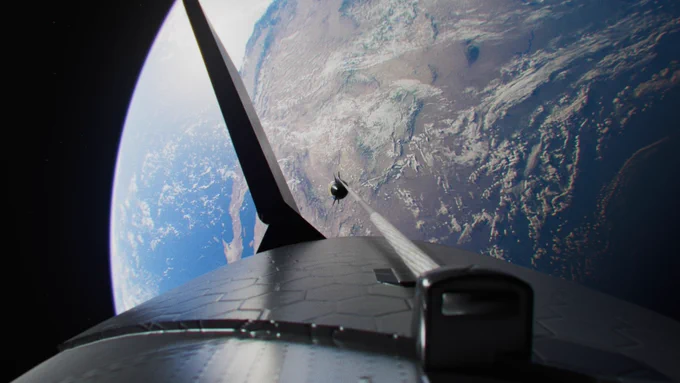 close-up shot of two crewed Starships, with two cables attached at each catch pin