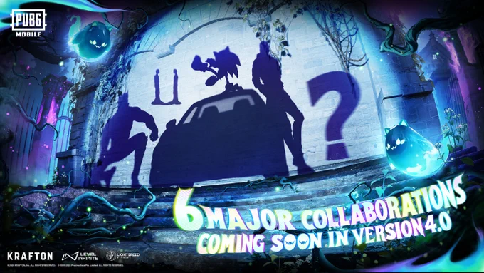 Promotional image for PUBG MOBILE announcing 6 major collaborations coming soon in version 4.0, featuring silhouettes of characters and a vehicle against a vibrant graffiti backdrop with glowing elements.