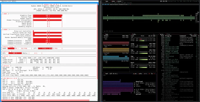Dual-panel system monitoring screenshot showing comprehensive hardware performance analysis. The left panel displays AMD GPU monitoring via 'amdgpu_top v0.10.5' for a Radeon 8060S graphics card (8GB GDDR6, 2900 MHz). Key GPU metrics include: Graphics Pipe at 100% utilization (red bar), Texture Pipe at 90%, multiple shader and processing units at varying utilization levels, VRAM usage at 158/512 MB, and GTT memory at 77293/13172 MB. Temperature readings show GFX at 2900 MHz and various power consumption metrics.

The right panel shows a system monitor (likely htop) displaying CPU core utilization across multiple cores with green/yellow/red usage bars, system memory usage (904 MB total, 445 MB used), swap memory (492 MB), and various system processes including Python scripts, Kworker processes, and system services. Network statistics at bottom show download speeds of 6.22 KiB/s and upload of 6.65 Mbps. The interface shows typical Linux system monitoring with process IDs, CPU percentages,