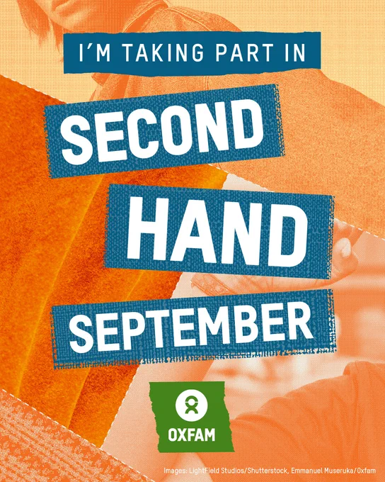 Promotional graphic for "Second Hand September" with the Oxfam logo at the bottom. The text says "I'M TAKING PART IN SECOND HAND SEPTEMBER".