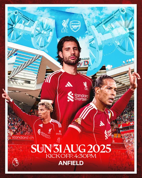 A matchday graphic for Liverpool v Arsenal, featuring Dominik Szoboszlai, Hugo Ekitike and Virgil van Dijk.

Fixture details:
Liverpool v Arsenal 
Premier League 
Sunday 31st August 2025
Kick-off: 4:30pm
Anfield 