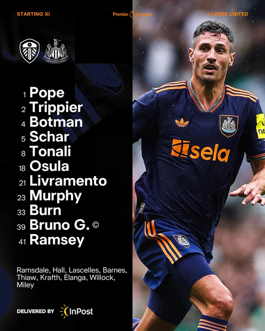 Newcastle United: Pope, Trippier, Botman, Schär, Tonali, Osula, Livramento, Murphy, Burn, Bruno G., Ramsey.