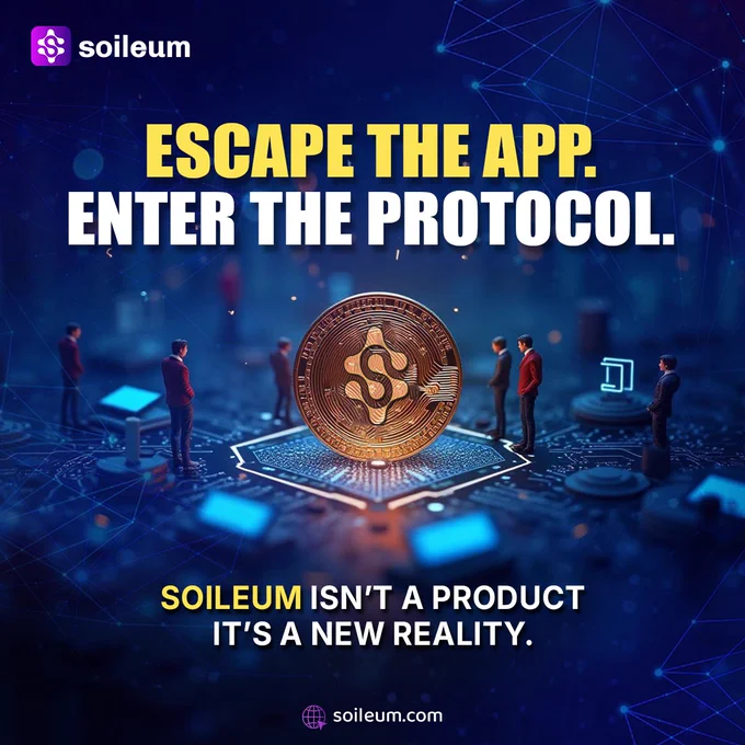 “A futuristic digital coin with Soileum logo surrounded by people on a tech circuit, symbolizing decentralized