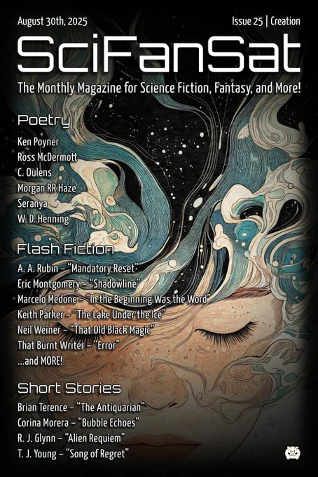 The cover of the 2nd Anniversary ('Creation') issue of SciFanSat Magazine. A dreamy image of a woman's face with closed eyes and waving hair against a background starscape.