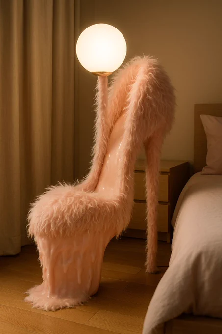 A hyperrealistic interior design object in the shape of a [INSERT OBJECT HERE], transformed into a piece of furniture or decor. The design should feel surreal, playful, and couture-inspired, blending pop-art humor with luxurious fashion-forward aesthetics. Materials can include glossy lacquer, fluffy pastel faux fur, glowing pearls, or melting candy-like textures, depending on the concept. The object must look photographic, with ultra-detailed textures, realistic reflections, cinematic lighting, and a dreamy pastel-toned interior setting. Vertical 9:16 format.