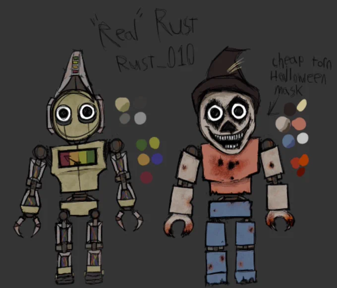 Idea is that a junkbot prototype model 010 (since the actual junkbot has 038? on its hat) malfunctioned due to a mistake in neural networking, as a working development team stationed in the cornfields beside a remote town tried to restrict its emotions to solely happiness. This leaves it feeling incomplete, and at some point, it begins deriving joy from violence or violent acts, mainly out of curiosity of how it could spark such a strong opposing negative reaction.