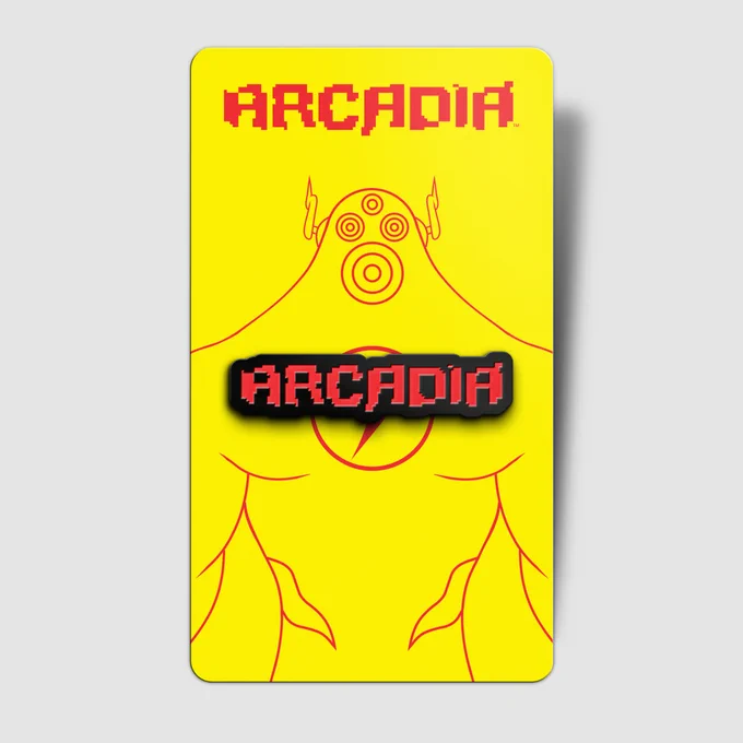 An image of the limited edition Arcadia logo pin, with a bright yellow backing card featuring art of a Superdragon. 
 