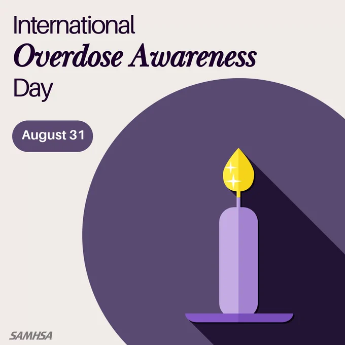 International Overdose Awareness Day on August 31, featuring a stylized memorial candle with a flame