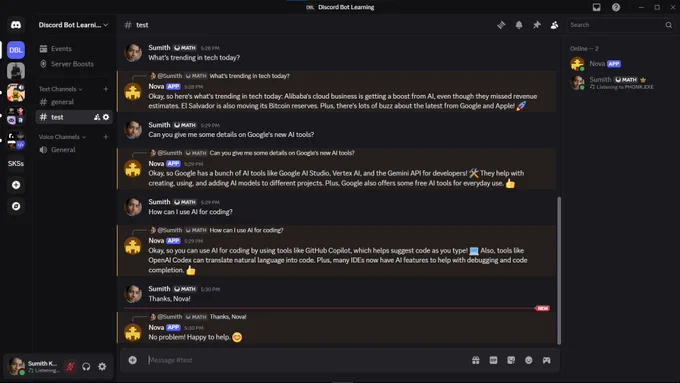 In this second screenshot, Nova continues to impress by providing insightful answers about trending topics in tech, like AI tools for coding and Google’s new AI initiatives. The bot responds with details about Google AI Studio and GitHub Copilot, showcasing how Nova can assist with coding tasks and development. The chat highlights the practicality of AI in everyday use, especially in coding and development, making it an invaluable resource for anyone looking to stay updated in the fast-paced world of technology.