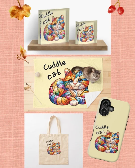 Illustrated colorful cat with big eyes and a friendly expression, curled up in a cozy pose. The cat is created with rainbow like mosaic patterns in shades of orange, blue, purple, green and red. The words Cuddle Cat appear above the illustration. The image shows the design on various products including a tote bag, phone case, blanket and acrylic blocks.