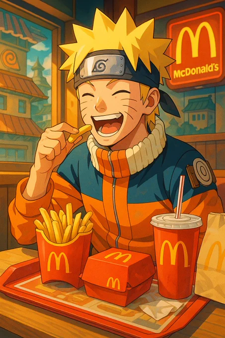 A vibrant and colorful digital illustration featuring a character from [ANIME] enjoying their favorite meal from [FAST FOOD BRAND] in a lively, stylized anime setting. The character’s expression shows delight, and the packaging is designed with the official [FAST FOOD BRAND] colors and logo, subtly adapted to match the visual style of [ANIME]. The background includes references to the world of [ANIME] blended with a cozy fast food atmosphere — neon signs, themed trays, branded cups and takeout bags. Detailed anime-style shading, soft glowing highlights, warm and inviting mood. 4K, high detail, dynamic composition, colorful palette.