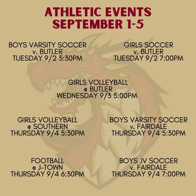 boys soccer Tuesday. girls soccer Tuesday. girls volleyball Wednesday. girls volleyball Thursday. boys soccer Thursday. football Thursday  