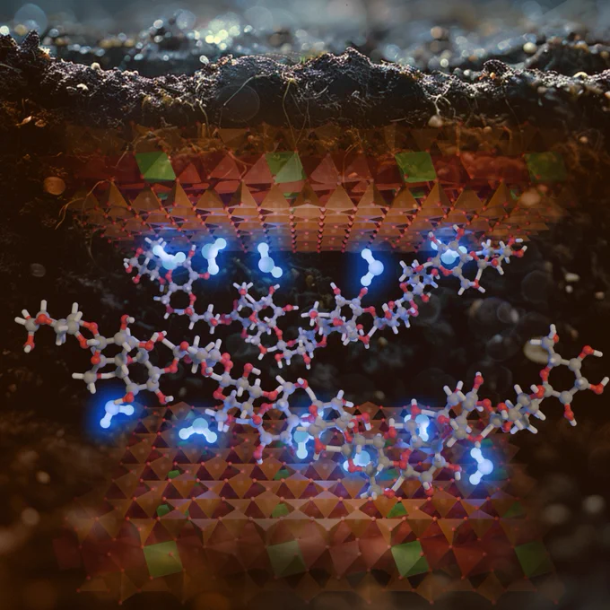 Illustration of water trapped as molecular bridges at carbohydrate-clay interfaces. Image by the Aristilde Research Group