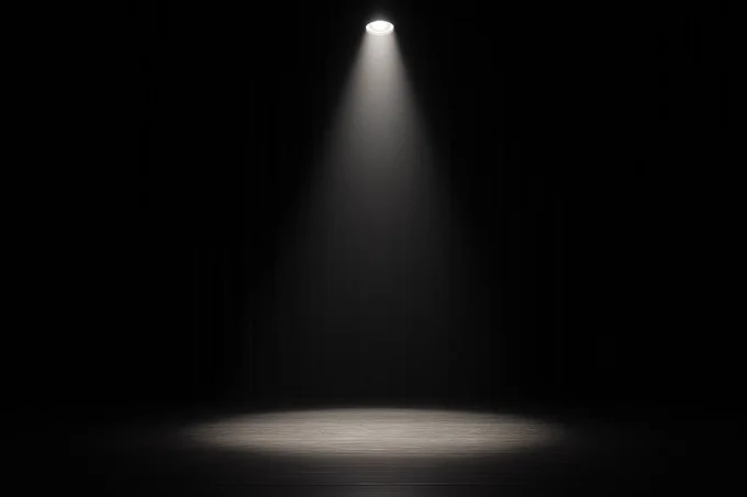 An empty dark stage with a single spotlight shining on the wooden floor, symbolizing leaving at the peak.